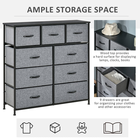 Wooden Chest Of 9 Fabric Drawers 100cm Wide With Black Steel Frame - Velmora