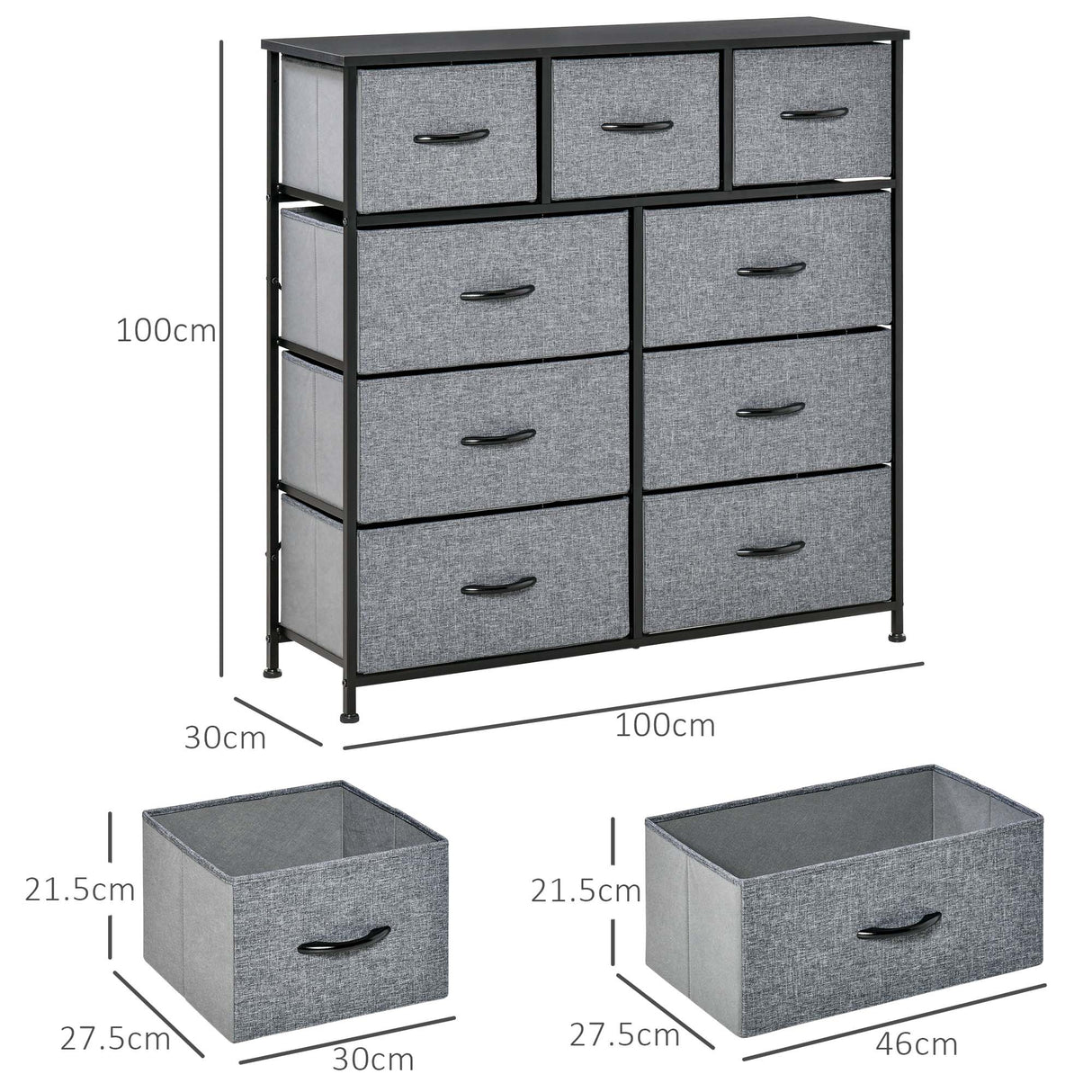 Wooden Chest Of 9 Fabric Drawers 100cm Wide With Black Steel Frame - Velmora