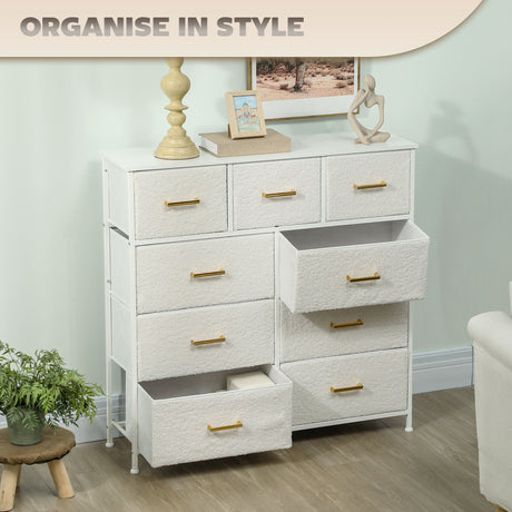 Wooden Chest Of 9 Fabric Drawers 100cm Wide With Steel Frame - Velmora