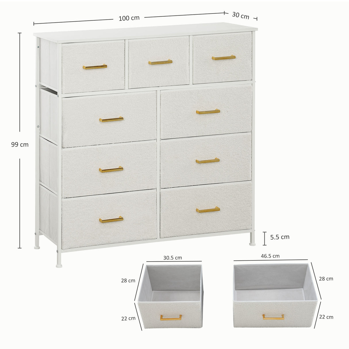 Wooden Chest Of 9 Fabric Drawers 100cm Wide With Steel Frame - Velmora