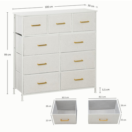 Wooden Chest Of 9 Fabric Drawers 100cm Wide With Steel Frame - Velmora