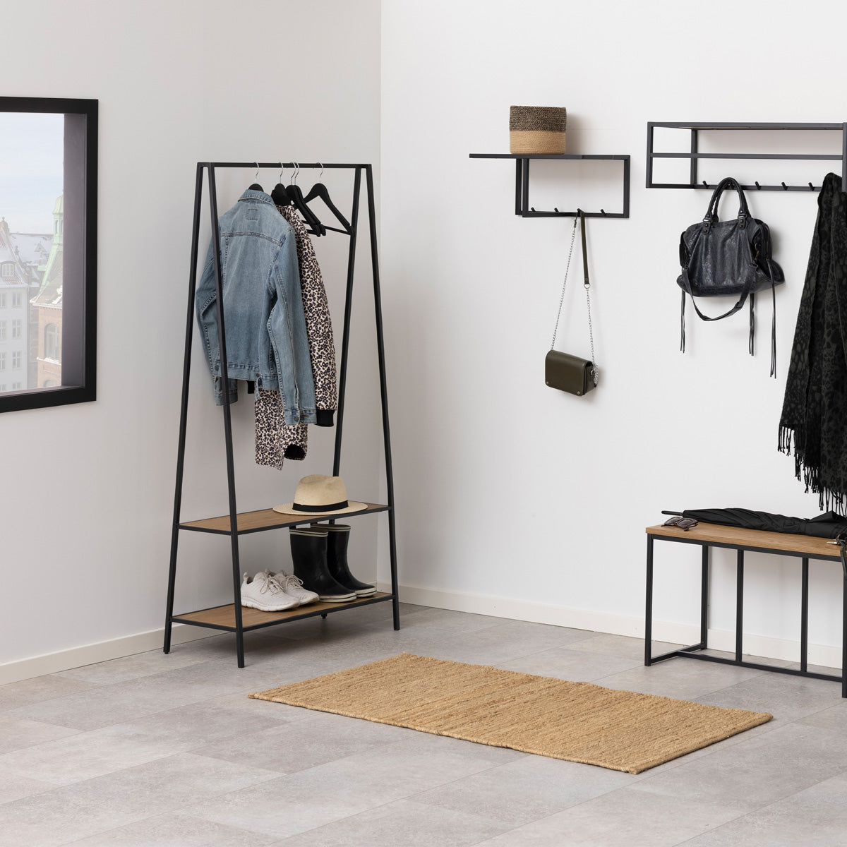 Wooden Clothes Rack With 2 Wooden Shelves - Seaford