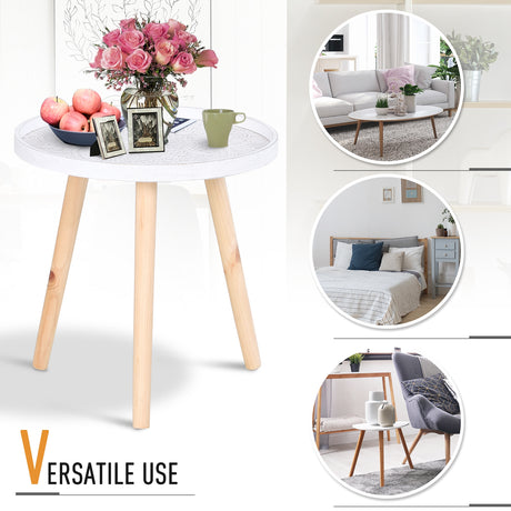 Wooden Coffee Table in Carved Floral Design Round With Wood Legs - Velmora