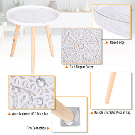 Wooden Coffee Table in Carved Floral Design Round With Wood Legs - Velmora