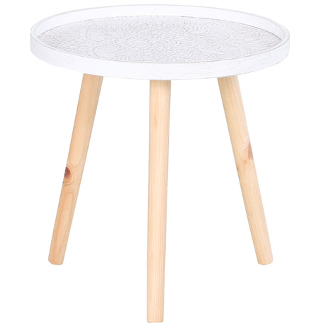 Wooden Coffee Table in Carved Floral Design Round With Wood Legs - Velmora