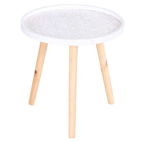 Wooden Coffee Table in Carved Floral Design Round With Wood Legs - Velmora