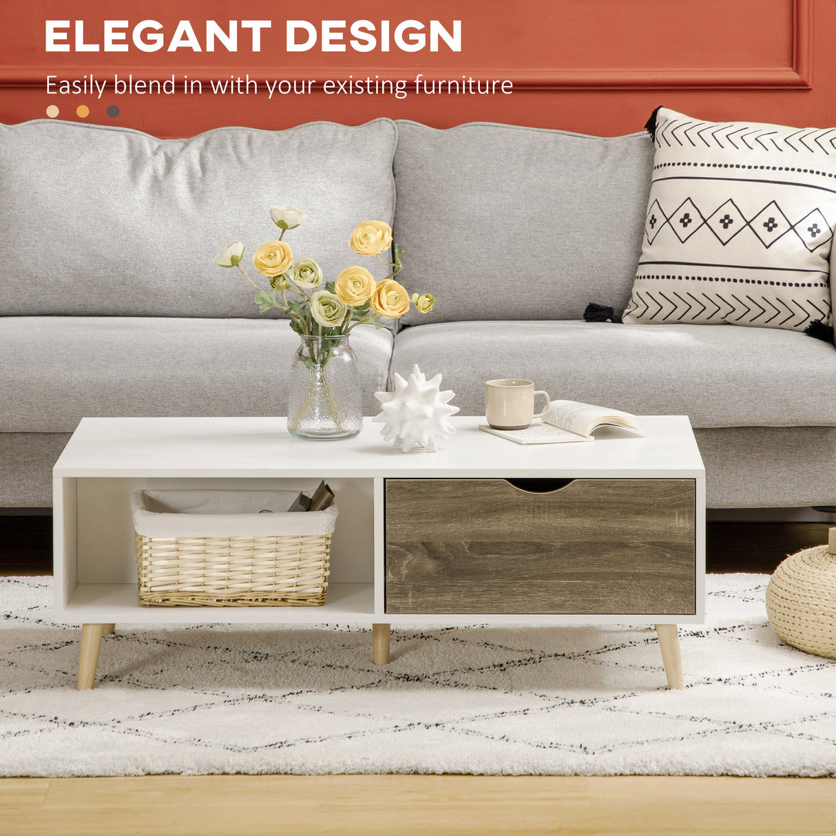Wooden Coffee Table Rectangular With Open Shelves And 2 Drawers - Velmora
