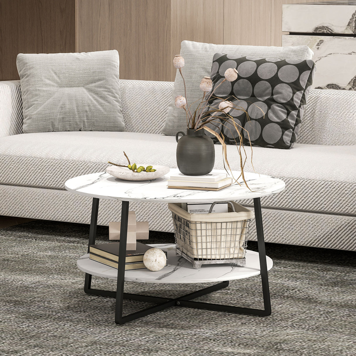 Wooden Coffee Table With Under Shelf in Marble Effect - Velmora