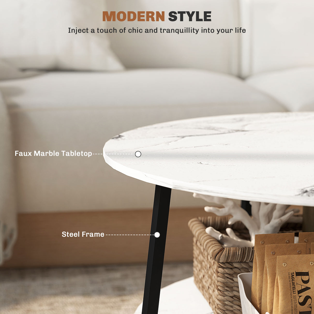 Wooden Coffee Table With Under Shelf in Marble Effect - Velmora