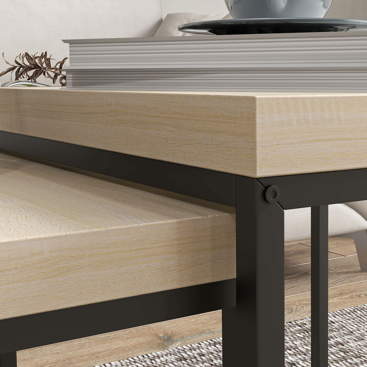 Wooden Coffee Tables Square in Set of 2 With 3.5cm Thick Table top - Velmora
