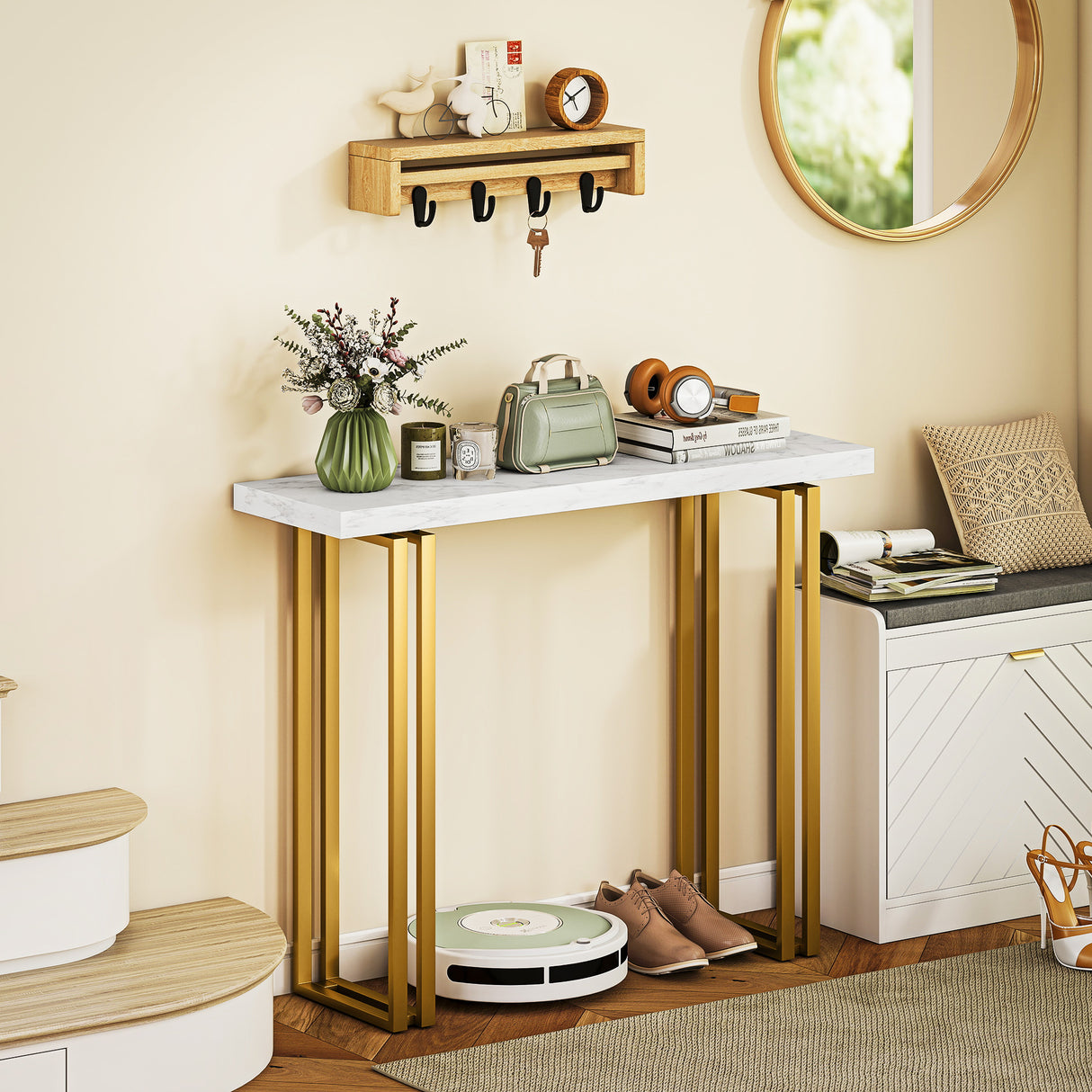 Wooden Console Table 100cm Wide With Gold Steel Frame - Velmora