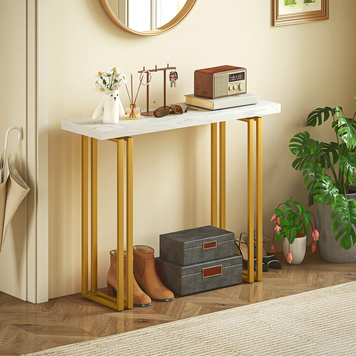 Wooden Console Table 100cm Wide With Gold Steel Frame - Velmora