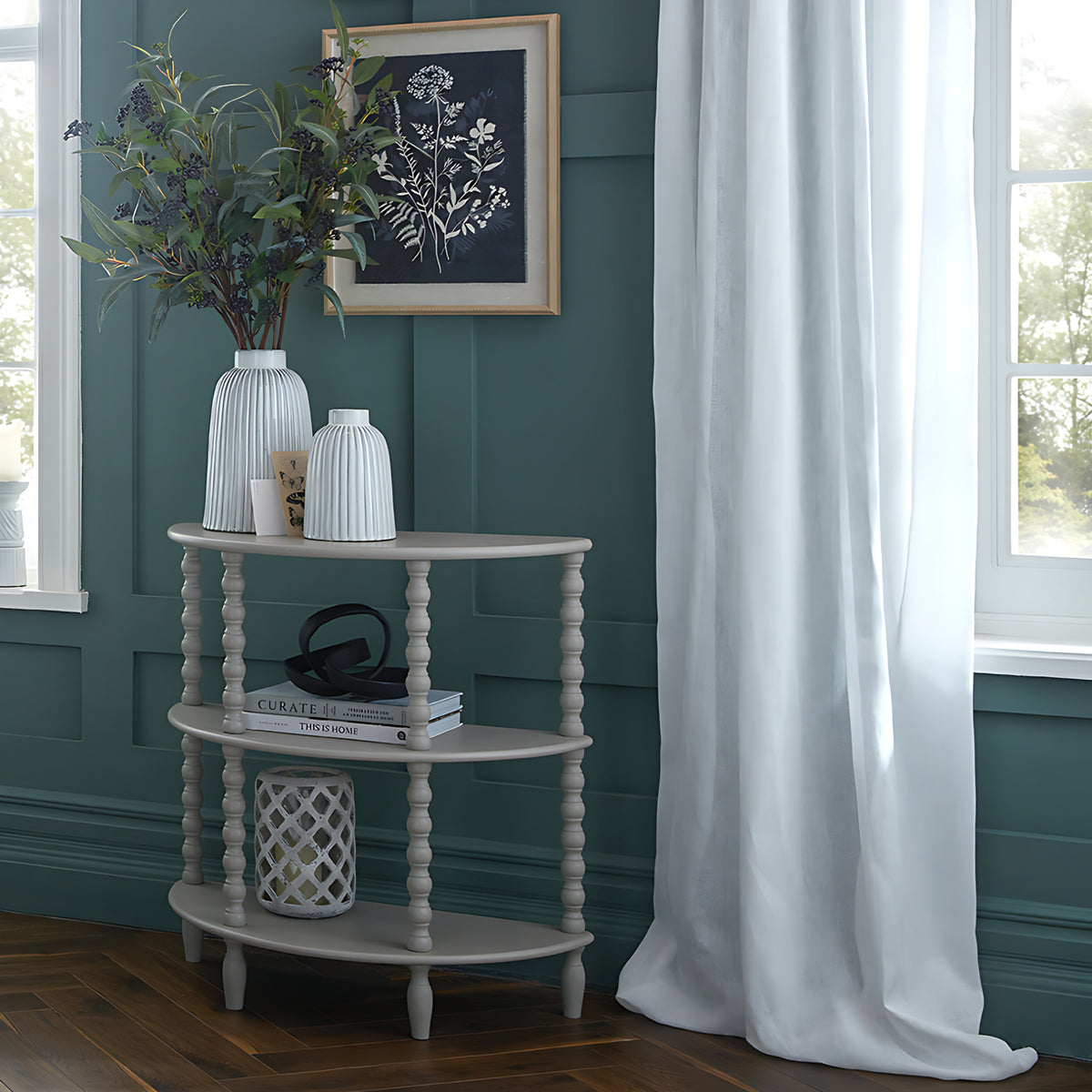 Wooden Console Table 71cm Wide Half Moon With 2 Shelves - Camden