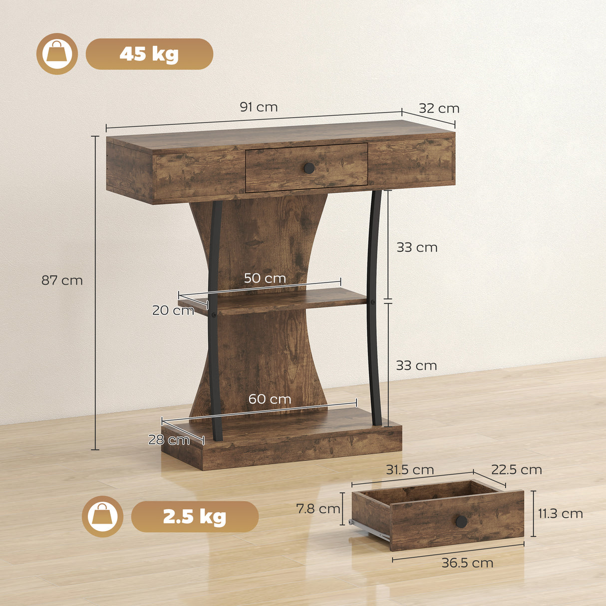 Wooden Console Table 91cm Wide With 1 Drawer - Velmora