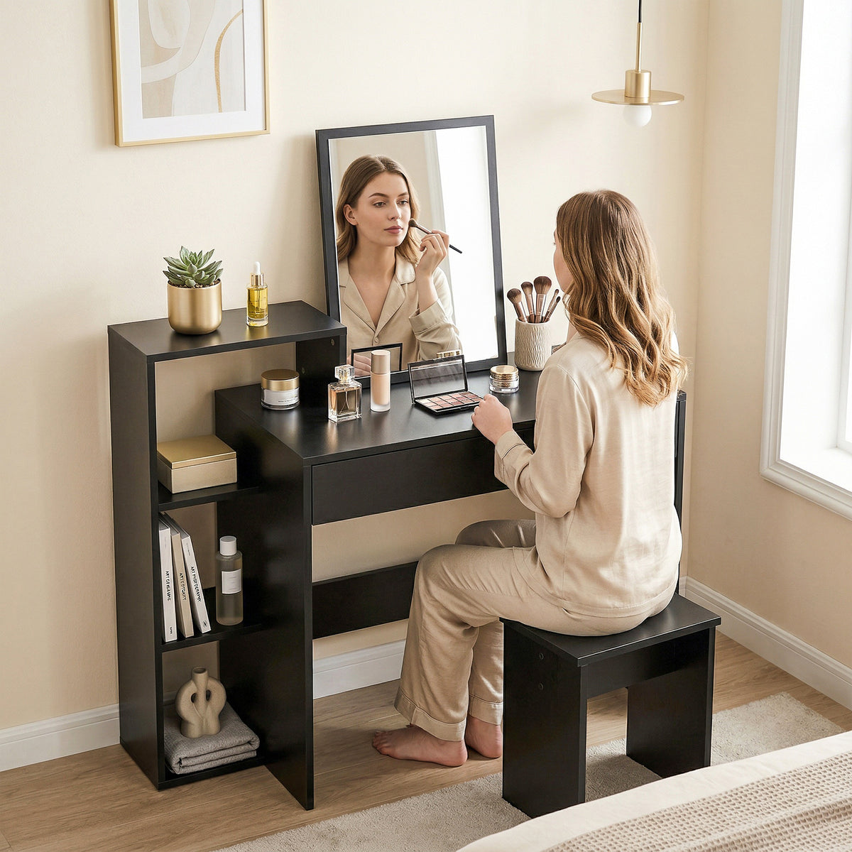 Wooden Desk 100cm Wide With 1 Drawer And 3 Shelves - Velmora