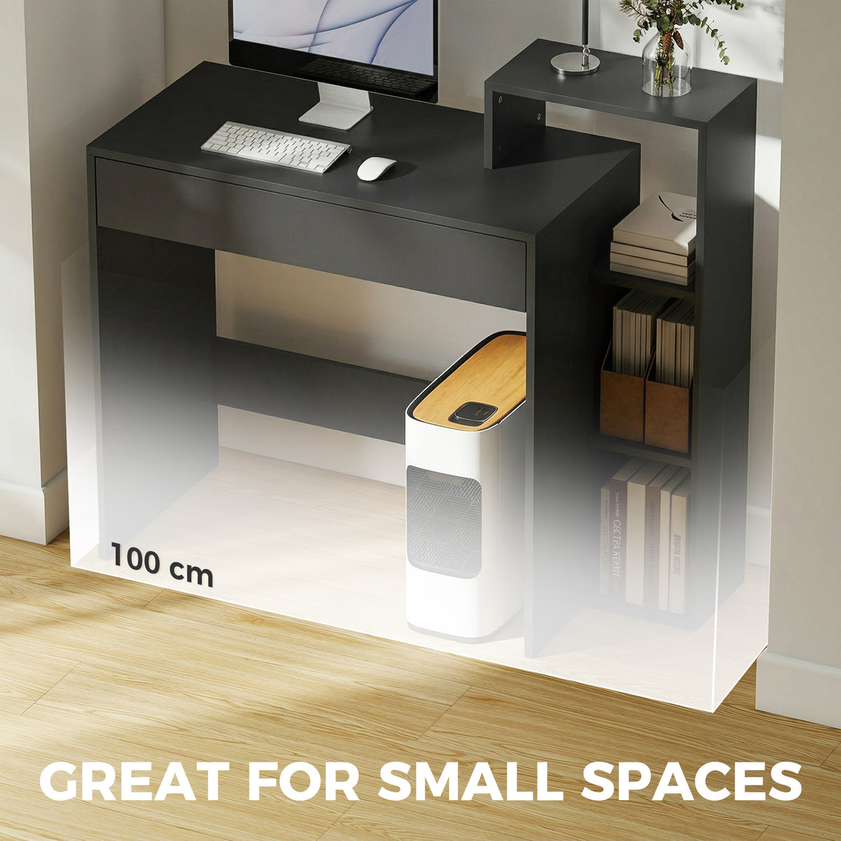 Wooden Desk 100cm Wide With 1 Drawer And 3 Shelves - Velmora