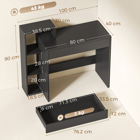 Wooden Desk 100cm Wide With 1 Drawer And 3 Shelves - Velmora