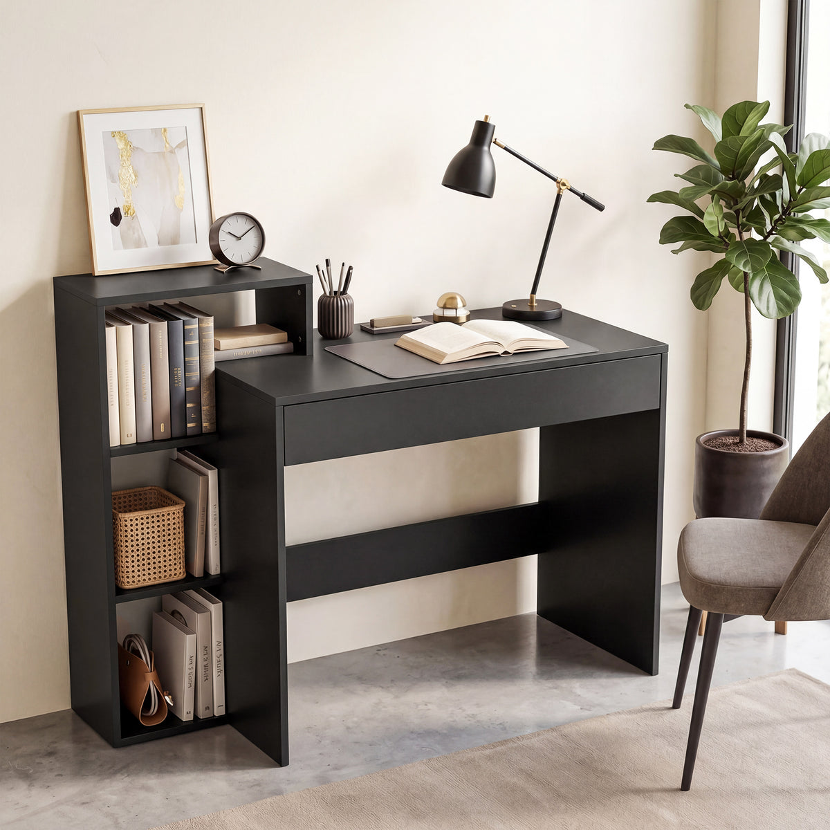 Wooden Desk 100cm Wide With 1 Drawer And 3 Shelves - Velmora