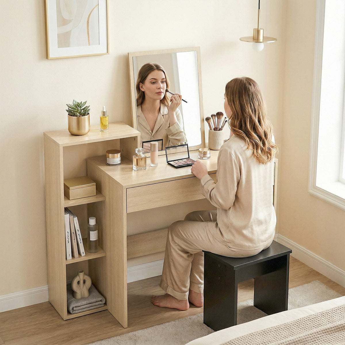 Wooden Desk 100cm Wide With 1 Drawer And 3 Shelves - Velmora