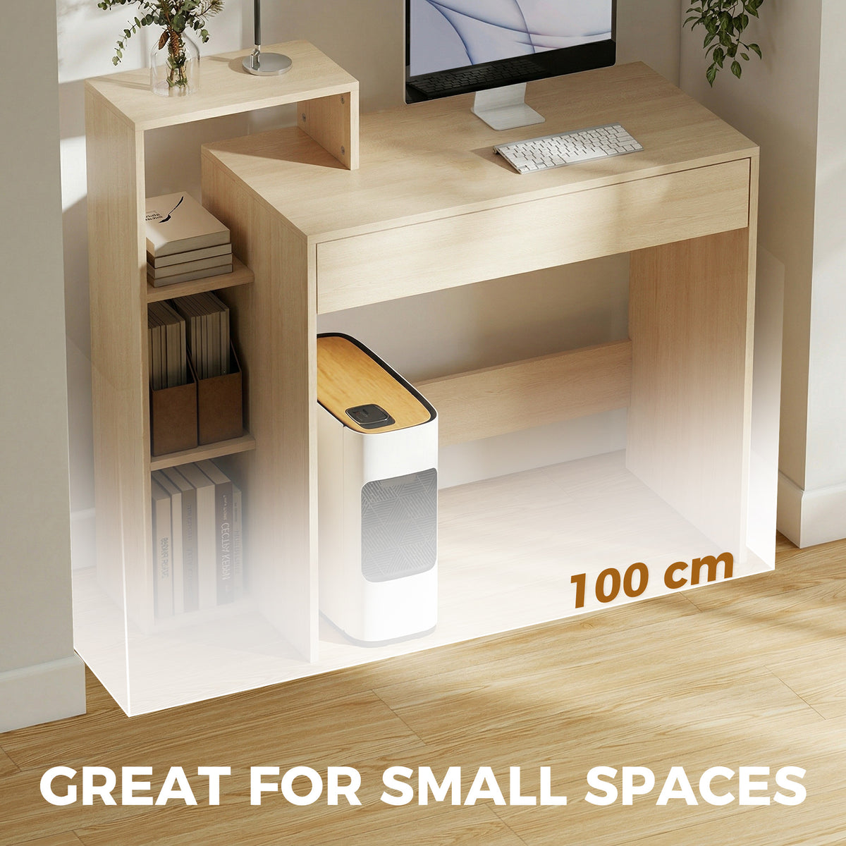 Wooden Desk 100cm Wide With 1 Drawer And 3 Shelves - Velmora