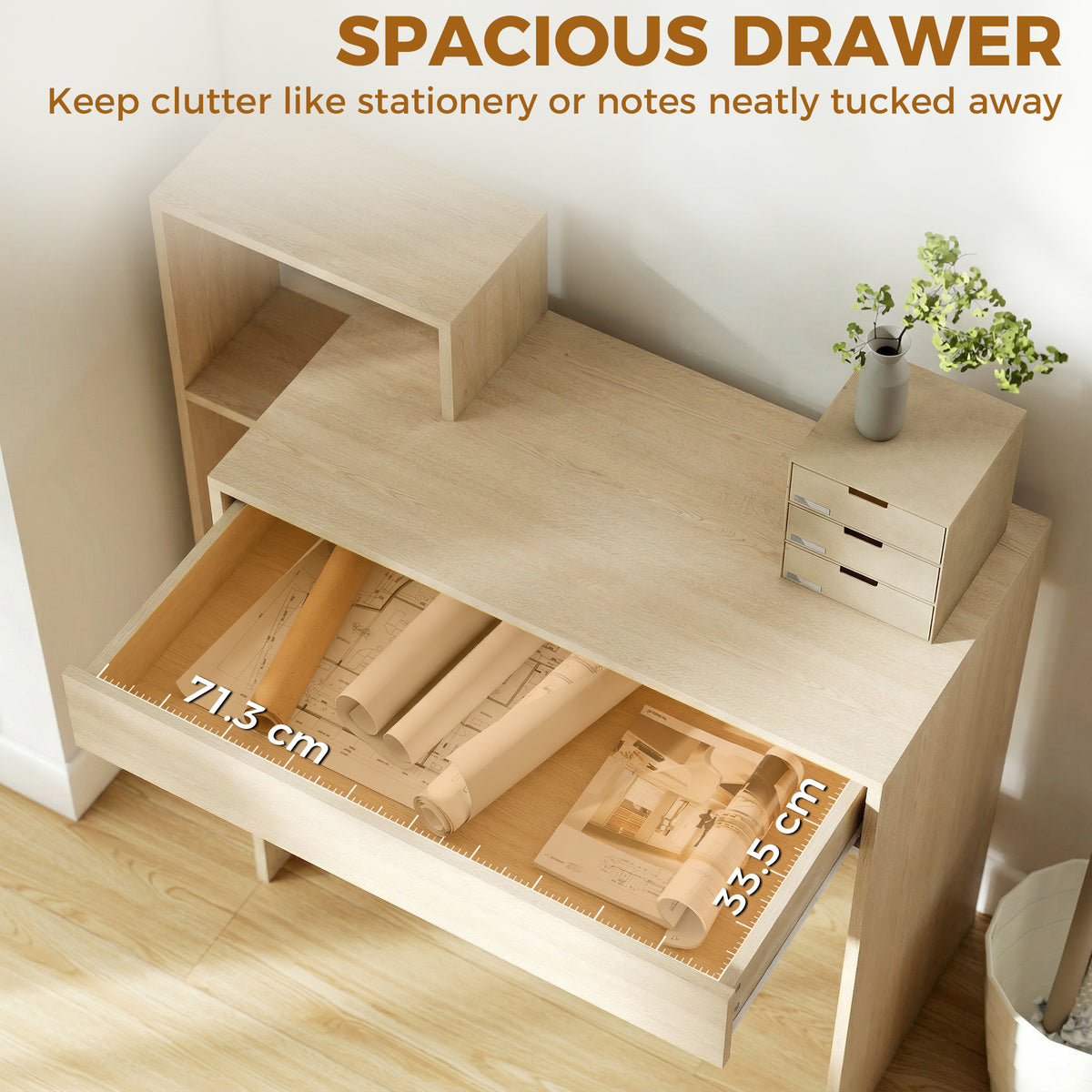 Wooden Desk 100cm Wide With 1 Drawer And 3 Shelves - Velmora