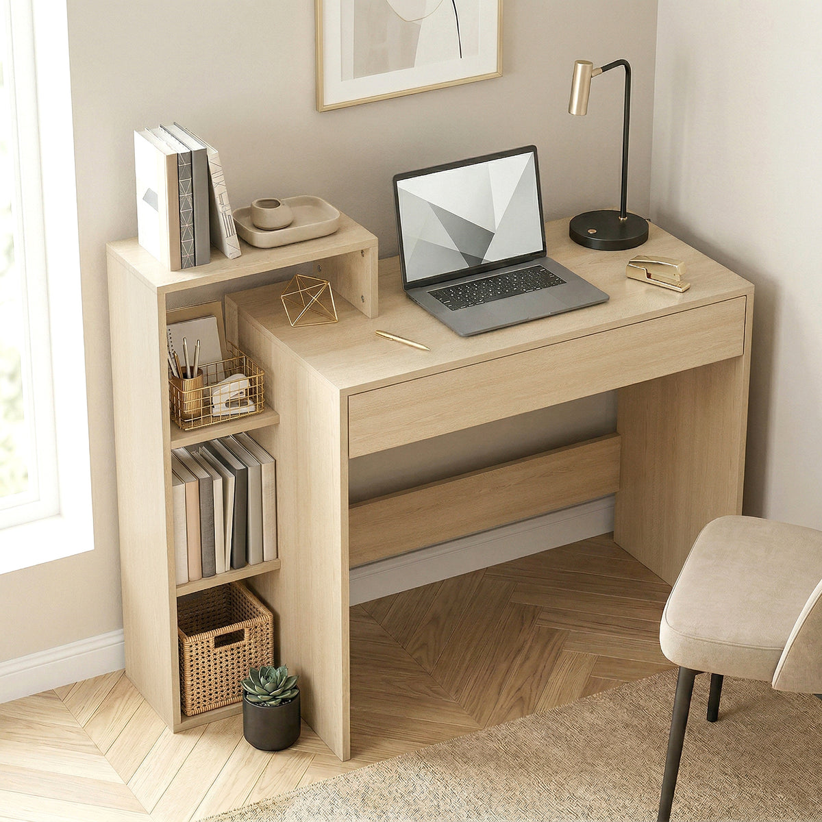 Wooden Desk 100cm Wide With 1 Drawer And 3 Shelves - Velmora