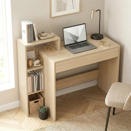 Wooden Desk 100cm Wide With 1 Drawer And 3 Shelves - Velmora