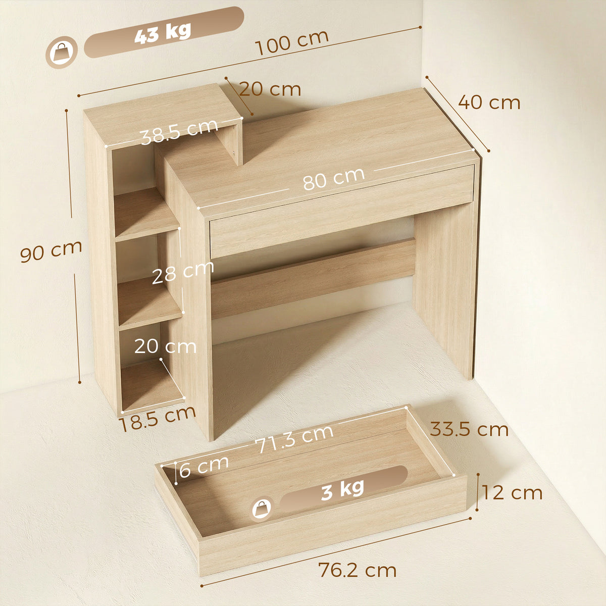 Wooden Desk 100cm Wide With 1 Drawer And 3 Shelves - Velmora