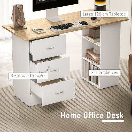 Wooden Desk 120cm Wide for Home And Office With 3 Drawers 3 Shelves - Velmora