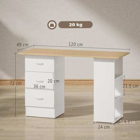 Wooden Desk 120cm Wide for Home And Office With 3 Drawers 3 Shelves - Velmora