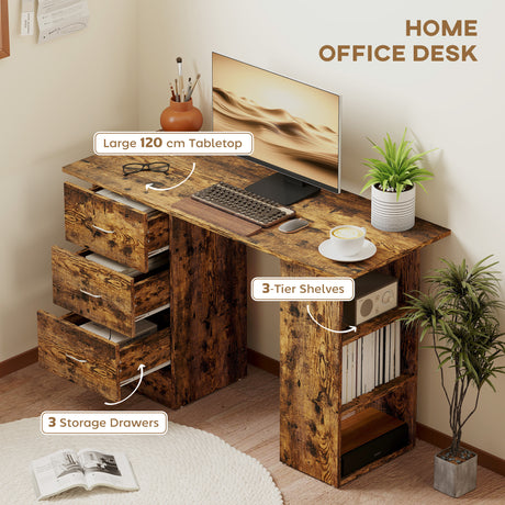 Wooden Desk 120cm Wide for Home And Office With 3 Drawers 3 Shelves - Velmora