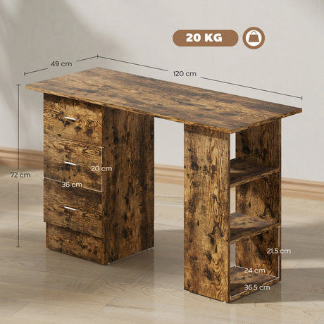 Wooden Desk 120cm Wide for Home And Office With 3 Drawers 3 Shelves - Velmora