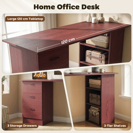 Wooden Desk 120cm Wide for Home And Office With 3 Drawers 3 Shelves - Velmora