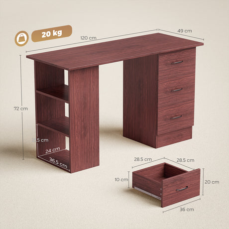 Wooden Desk 120cm Wide for Home And Office With 3 Drawers 3 Shelves - Velmora