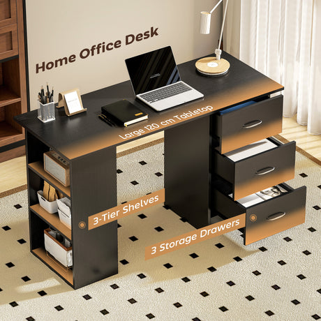 Wooden Desk 120cm Wide for Home And Office With 3 Drawers 3 Shelves - Velmora