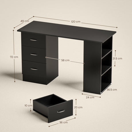 Wooden Desk 120cm Wide for Home And Office With 3 Drawers 3 Shelves - Velmora