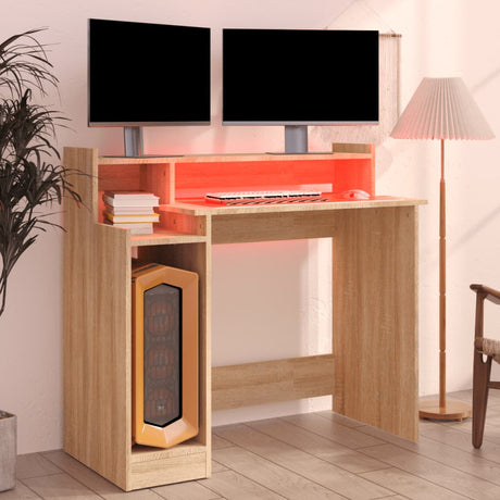 Wooden Desk 97cm Wide for Home And Office With LED Lights - Vantage Home
