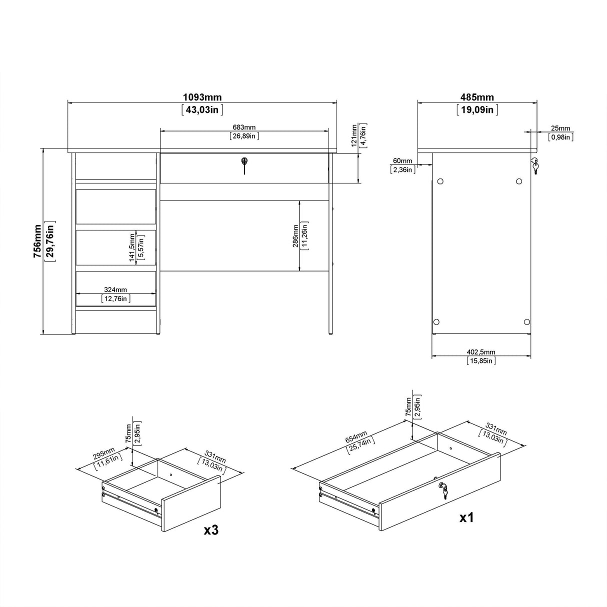 Wooden Desk for Home And Office 4 Drawers - Function Plus