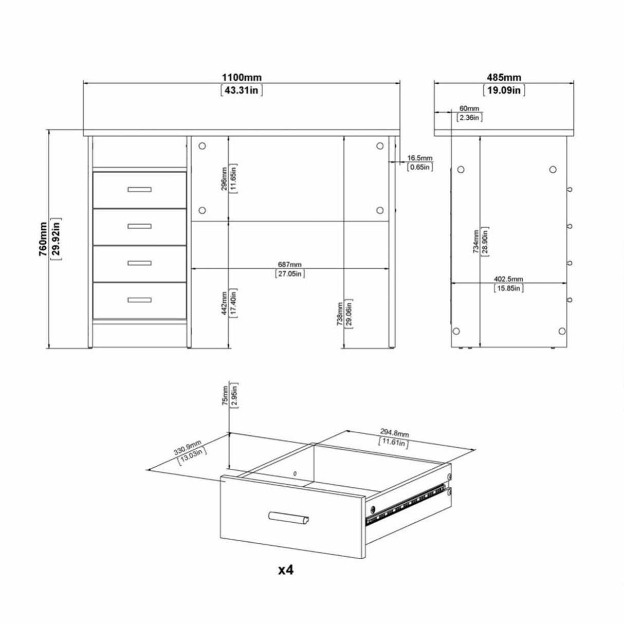 Wooden Desk for Home And Office With 4 Drawers - Function Plus