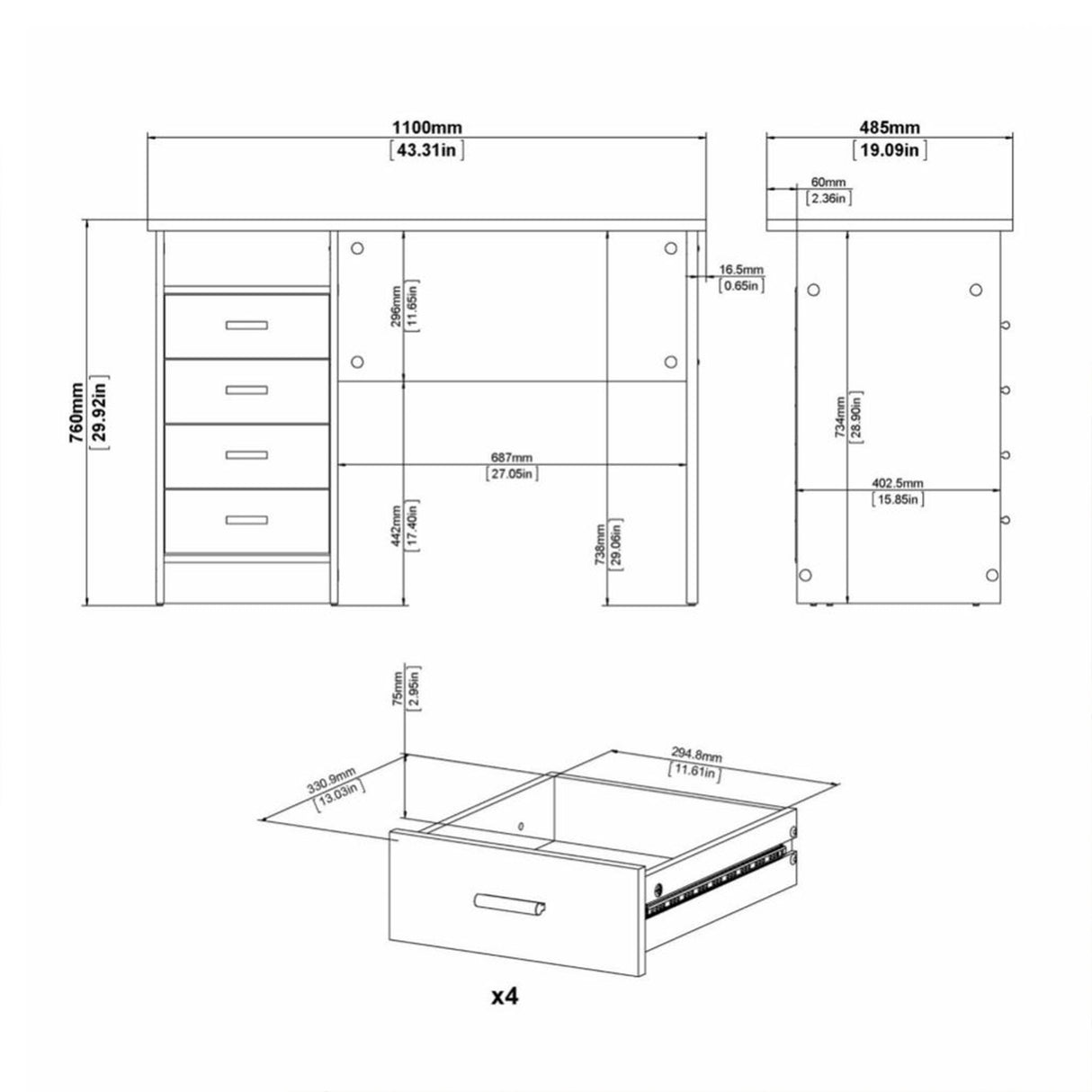 Wooden Desk for Home And Office With 4 Drawers - Function Plus