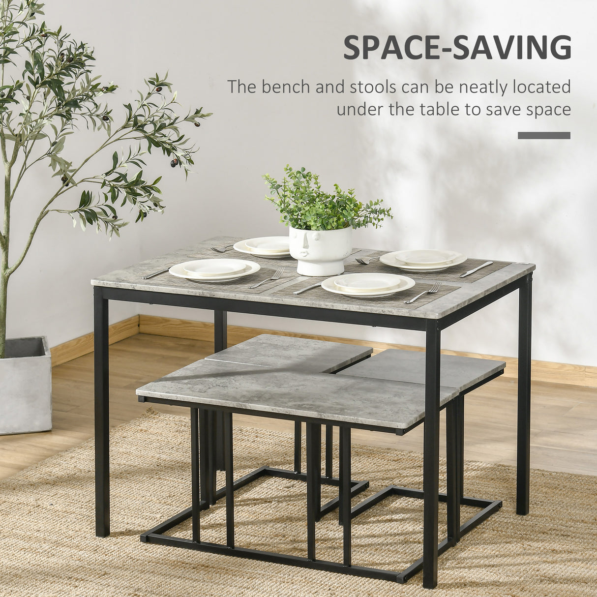 Wooden Dining Table 110cm Wide Rectangular With 1 Bench And 2 Stools - Velmora