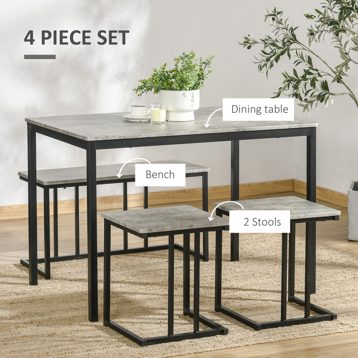 Wooden Dining Table 110cm Wide Rectangular With 1 Bench And 2 Stools - Velmora