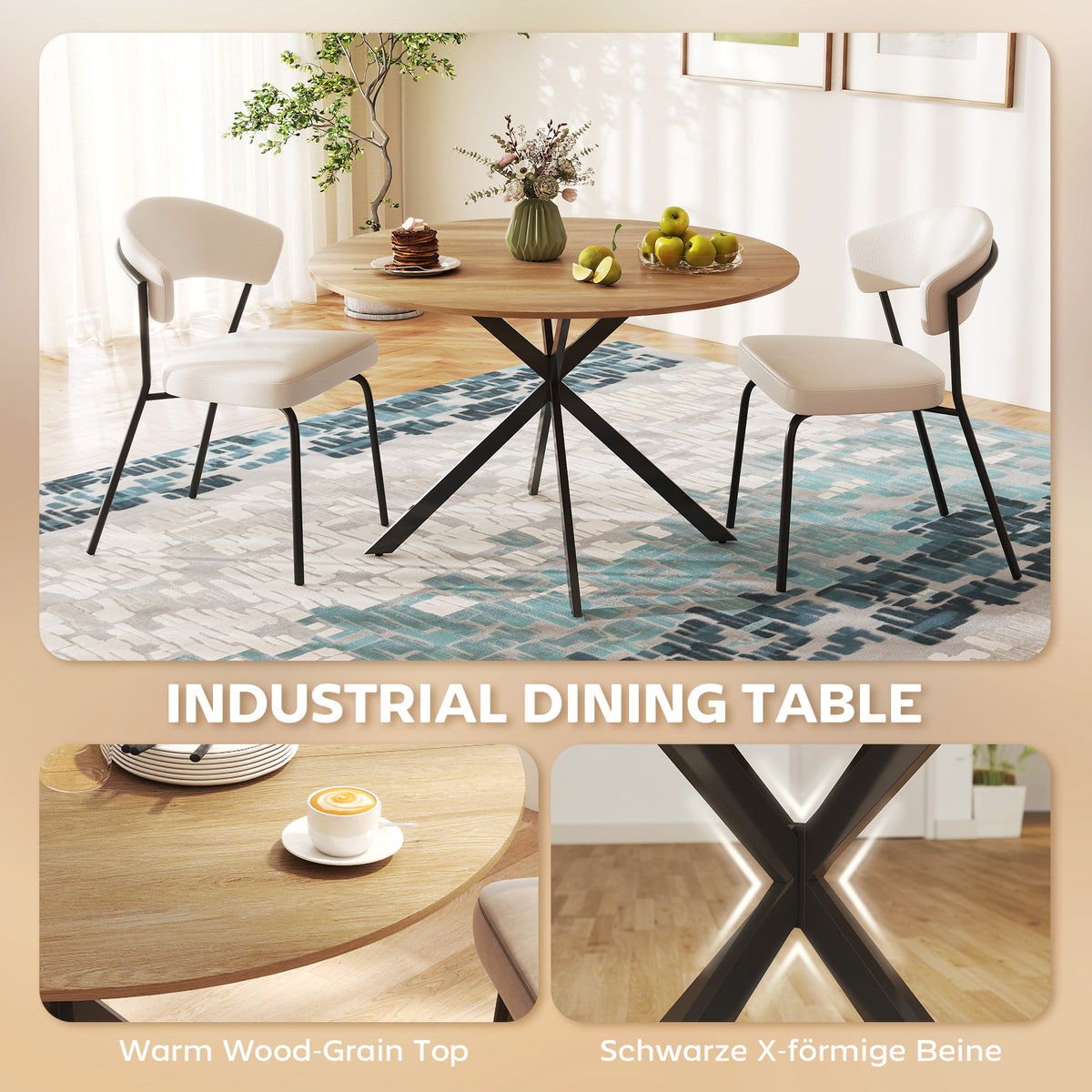 Wooden Dining Table 120cm Wide Round for 4 People - Velmora