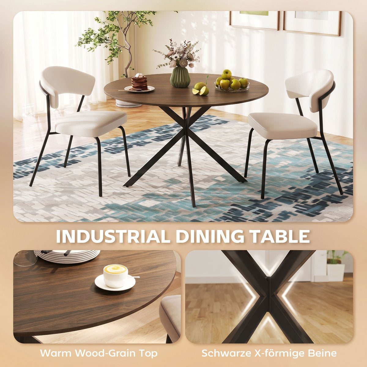Wooden Dining Table 120cm Wide Round for 4 People - Velmora