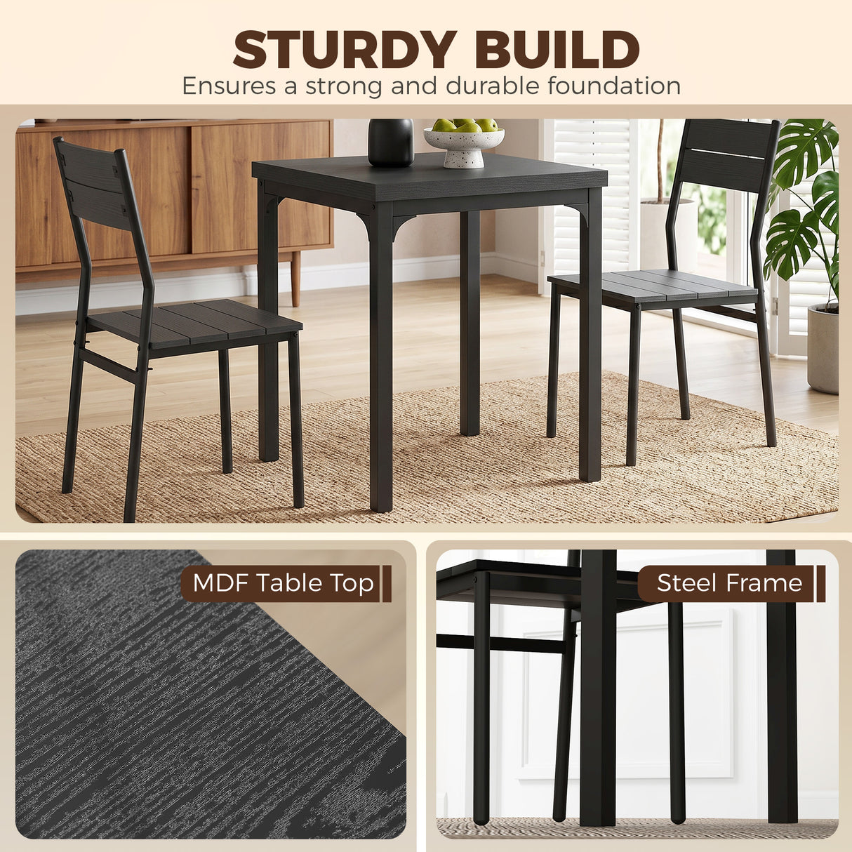 Wooden Dining Table 60cm Wide Square With 2 Chairs - Velmora