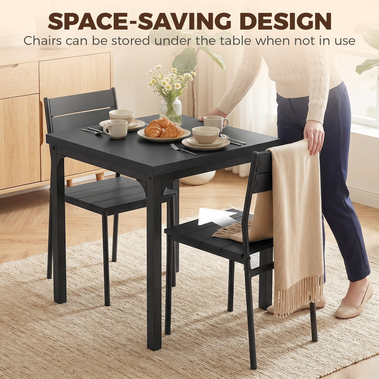 Wooden Dining Table 60cm Wide Square With 2 Chairs - Velmora