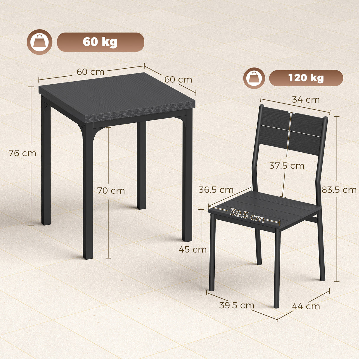Wooden Dining Table 60cm Wide Square With 2 Chairs - Velmora