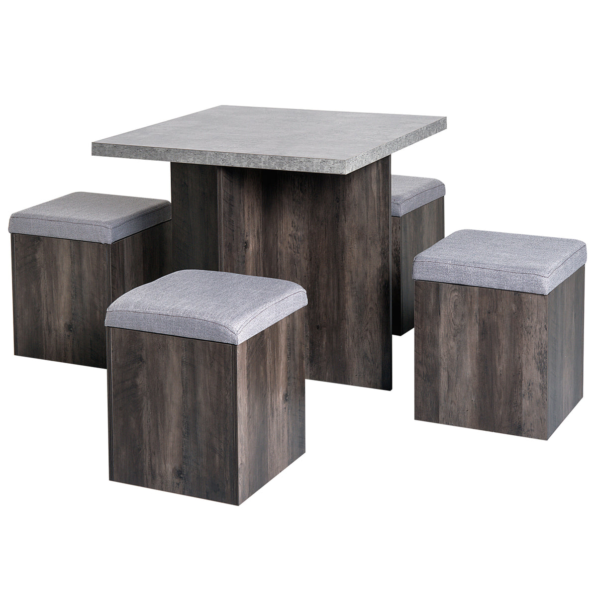 Wooden Dining Table 78cm Wide Square With 4 Storage Stools - Velmora