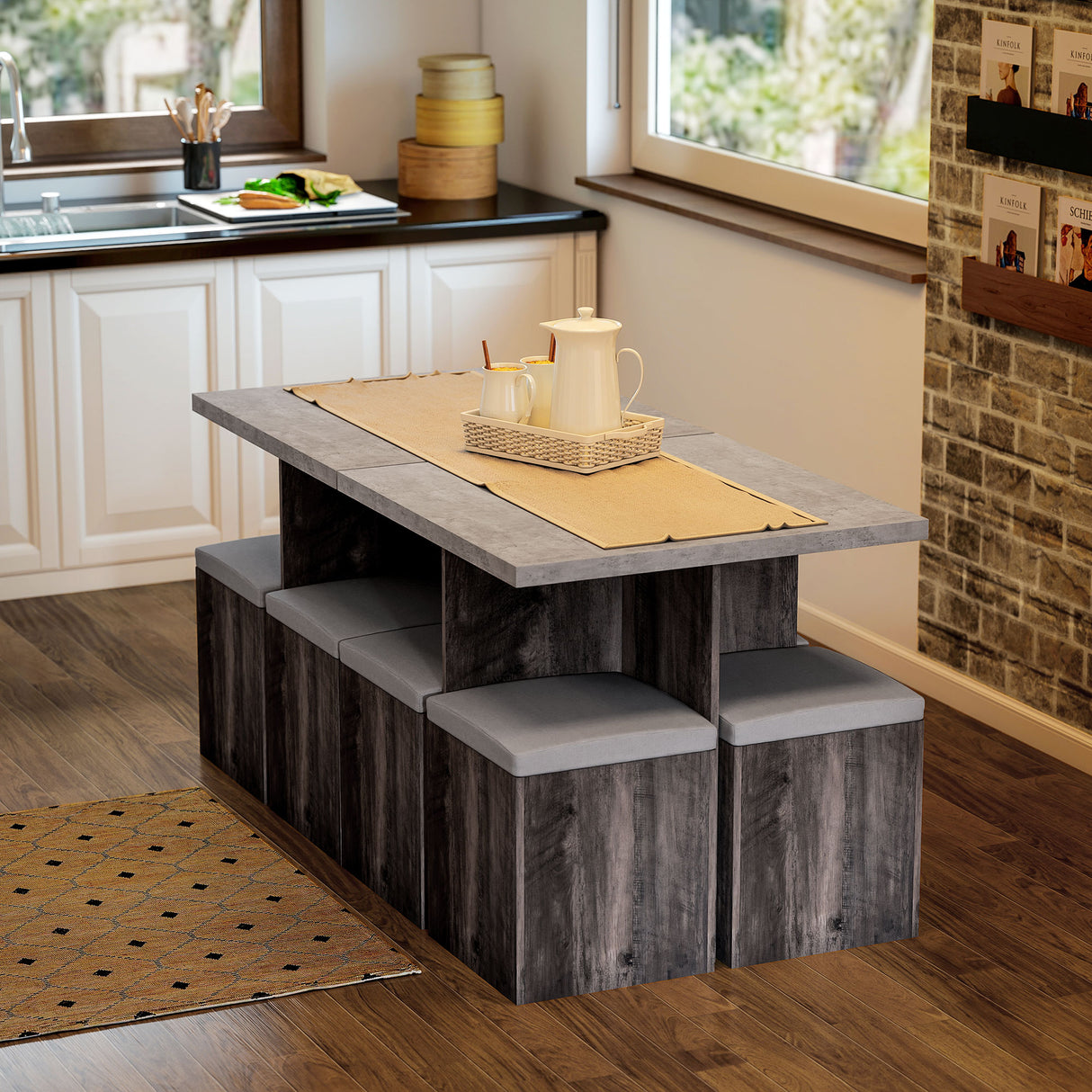 Wooden Dining Table 78cm Wide Square With 4 Storage Stools - Velmora