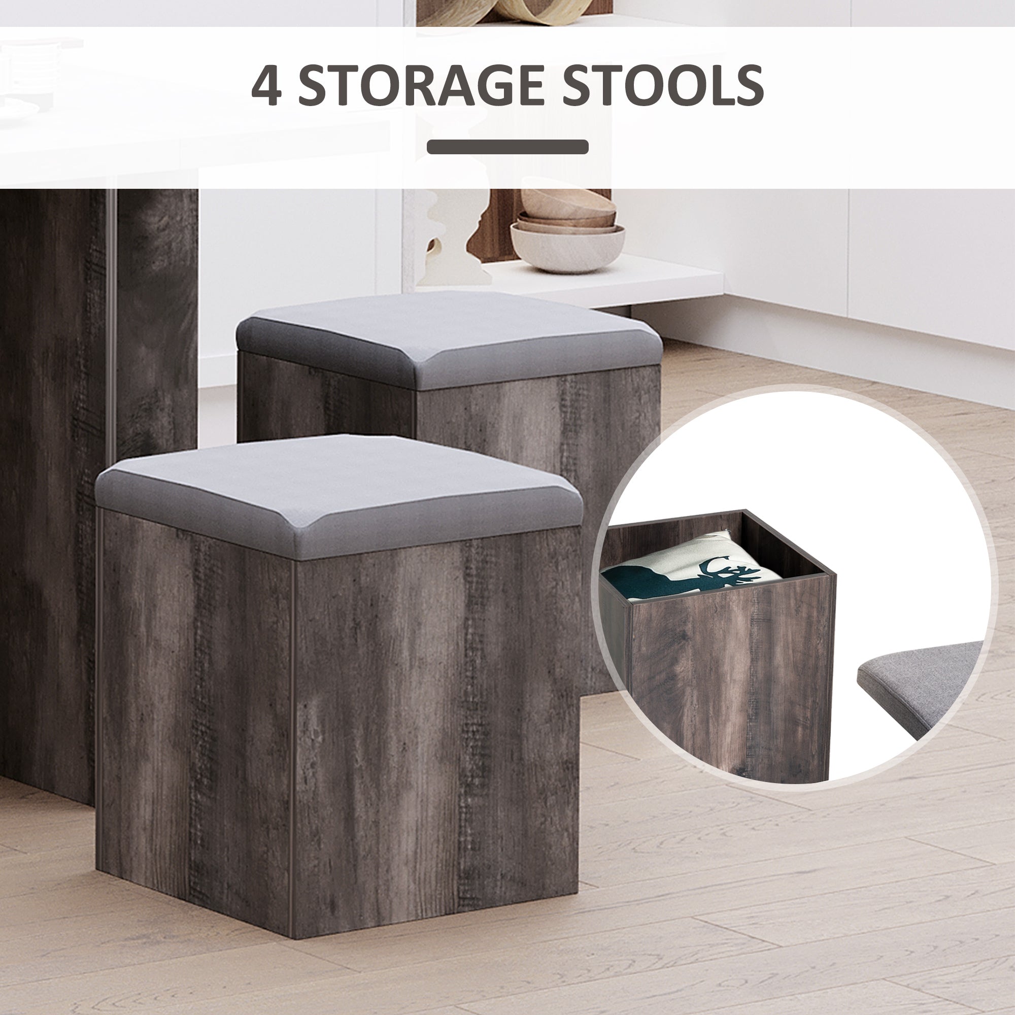 Wooden Dining Table 78cm Wide Square With 4 Storage Stools - Velmora